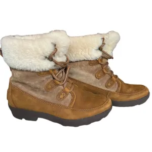 Ugg Nadja Lace Up Fur Cuffed Chestnut Brown Ankle Boots Shoes, size 5