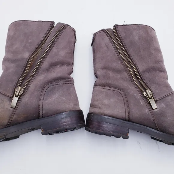 UGG Niels II Brown Leather Shearling Belt Buckle Moto Snow Boots Women’s 9.5