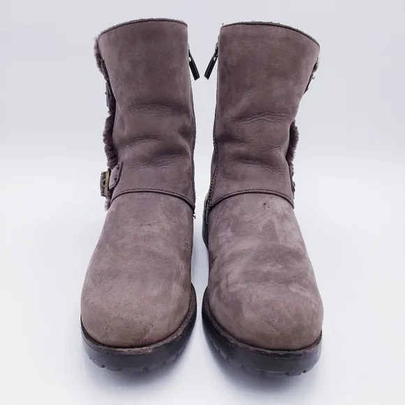 UGG Niels II Brown Leather Shearling Belt Buckle Moto Snow Boots Women’s 9.5