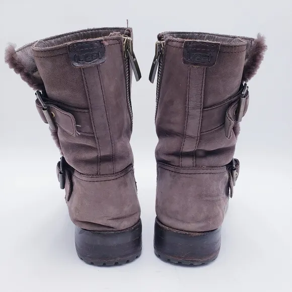 UGG Niels II Brown Leather Shearling Belt Buckle Moto Snow Boots Women’s 9.5