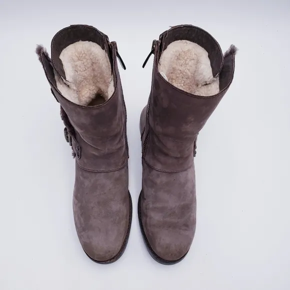 UGG Niels II Brown Leather Shearling Belt Buckle Moto Snow Boots Women’s 9.5