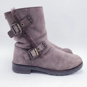 UGG Niels II Brown Leather Shearling Belt Buckle Moto Snow Boots Women’s 9.5