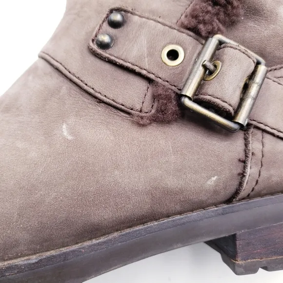 UGG Niels II Brown Leather Shearling Belt Buckle Moto Snow Boots Women’s 9.5