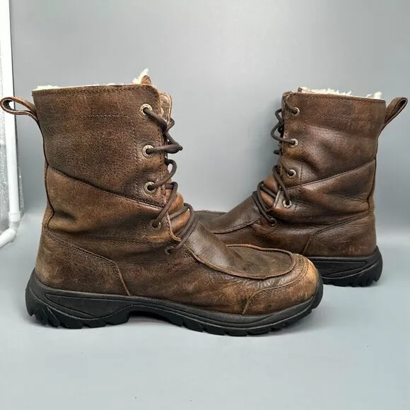 UGG Sahale Men's 10 Brown Leather Vibram Sherpa Combat Boot Lace Waterproof Rare