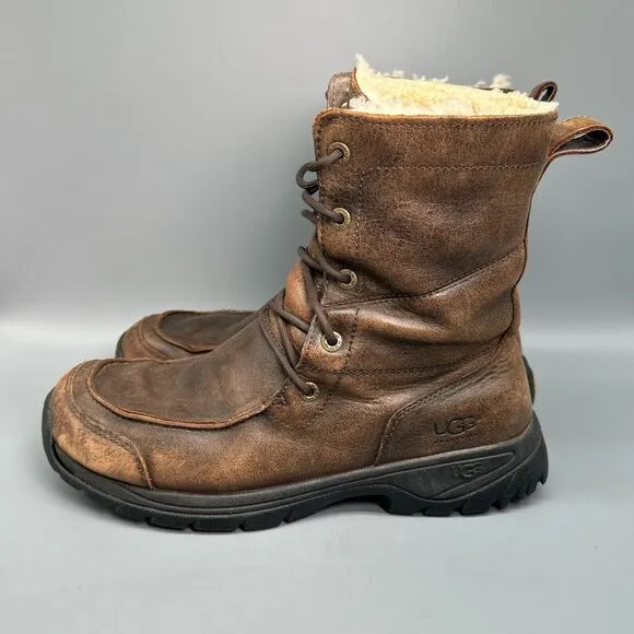 UGG Sahale Men's 10 Brown Leather Vibram Sherpa Combat Boot Lace Waterproof Rare