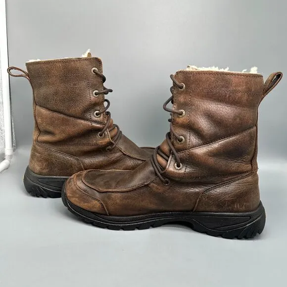 UGG Sahale Men's 10 Brown Leather Vibram Sherpa Combat Boot Lace Waterproof Rare