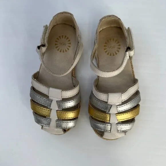 Ugg Shoe Girl 8 Toddler Josiah Espadrille Ankle Strap Gold Silver Metallic Core