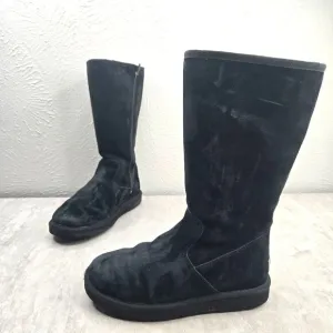 UGG Tall Shearling Winter Boots Sz 7 Black Suede Fur Lined Outdoor Snow Booties