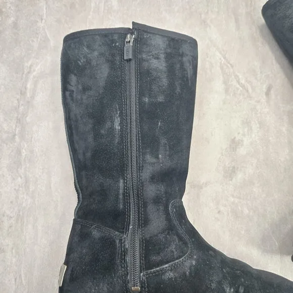 UGG Tall Shearling Winter Boots Sz 7 Black Suede Fur Lined Outdoor Snow Booties