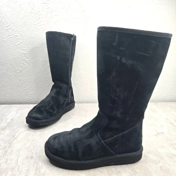 UGG Tall Shearling Winter Boots Sz 7 Black Suede Fur Lined Outdoor Snow Booties