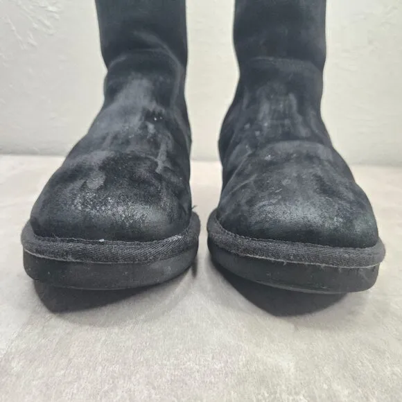 UGG Tall Shearling Winter Boots Sz 7 Black Suede Fur Lined Outdoor Snow Booties