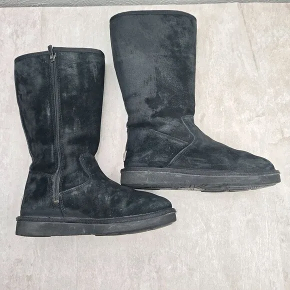 UGG Tall Shearling Winter Boots Sz 7 Black Suede Fur Lined Outdoor Snow Booties