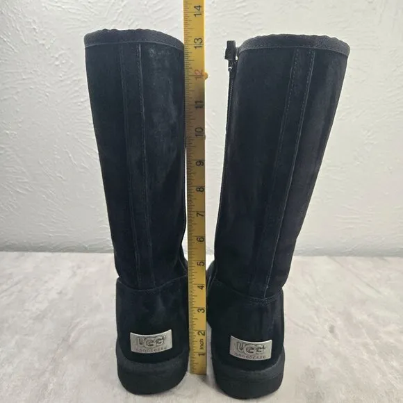 UGG Tall Shearling Winter Boots Sz 7 Black Suede Fur Lined Outdoor Snow Booties