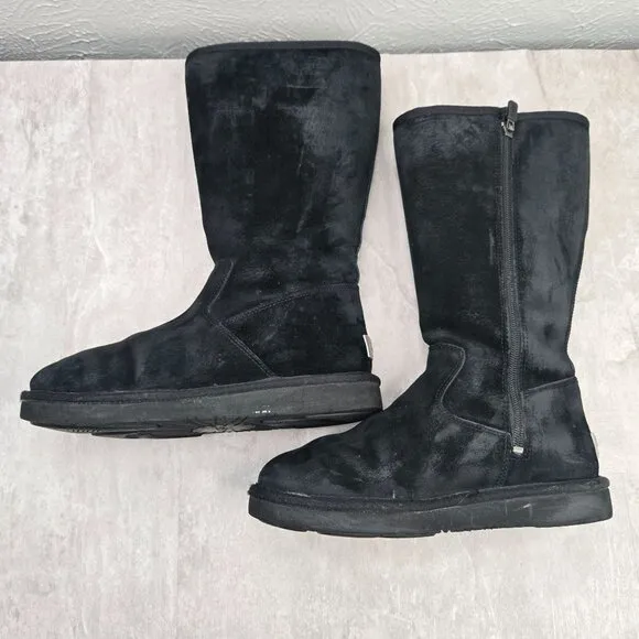 UGG Tall Shearling Winter Boots Sz 7 Black Suede Fur Lined Outdoor Snow Booties