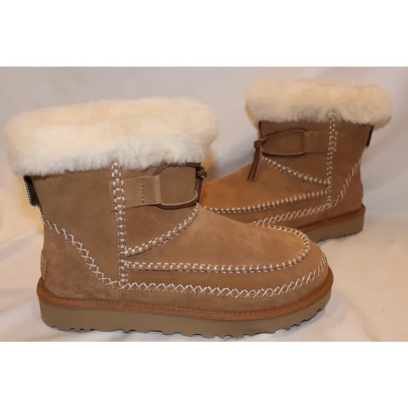 UGG WOMEN'S ALPINE MINI SUEDE SHEARLING LINED BOOTS CHESTNUT NIB