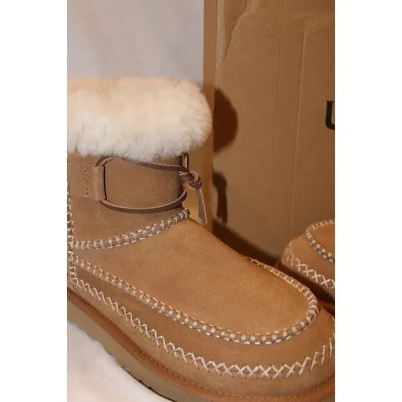 UGG WOMEN'S ALPINE MINI SUEDE SHEARLING LINED BOOTS CHESTNUT NIB