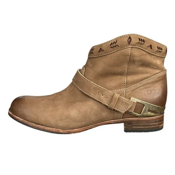 UGG Women’s Austin Fawn Brown Leather Western Ankle Boot Size US 7