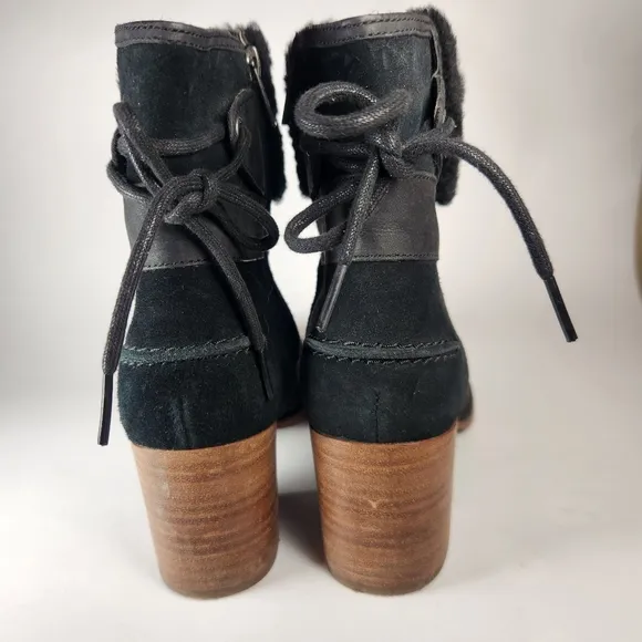 UGG Womens Kirke Ankle Boots 8.5 EU 39.5 Black Suede Leather Stacked Heel Zipper