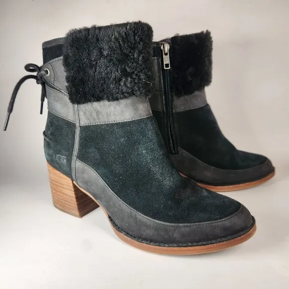 UGG Womens Kirke Ankle Boots 8.5 EU 39.5 Black Suede Leather Stacked Heel Zipper