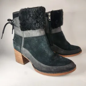 UGG Womens Kirke Ankle Boots 8.5 EU 39.5 Black Suede Leather Stacked Heel Zipper