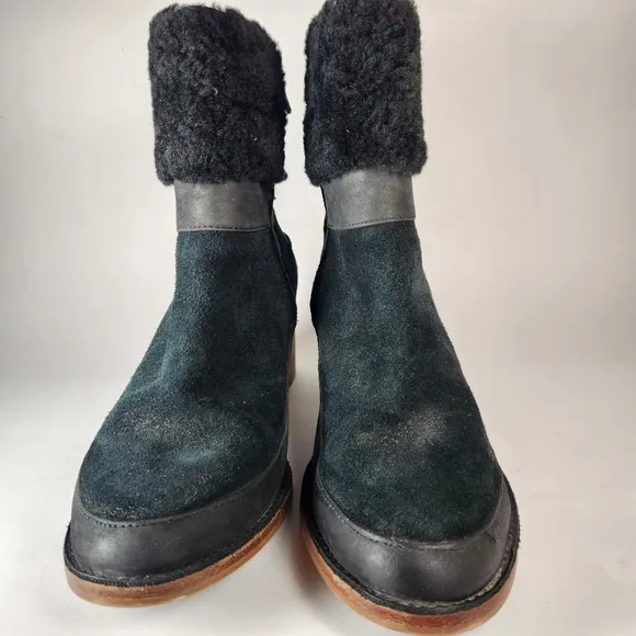 UGG Womens Kirke Ankle Boots 8.5 EU 39.5 Black Suede Leather Stacked Heel Zipper