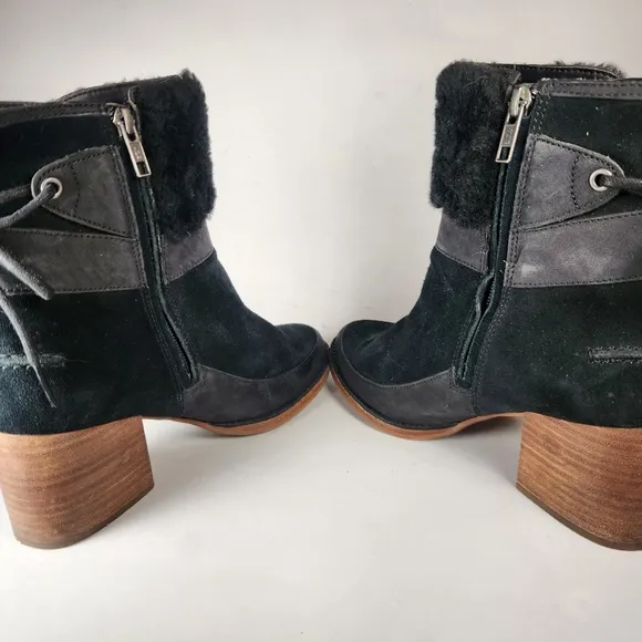 UGG Womens Kirke Ankle Boots 8.5 EU 39.5 Black Suede Leather Stacked Heel Zipper