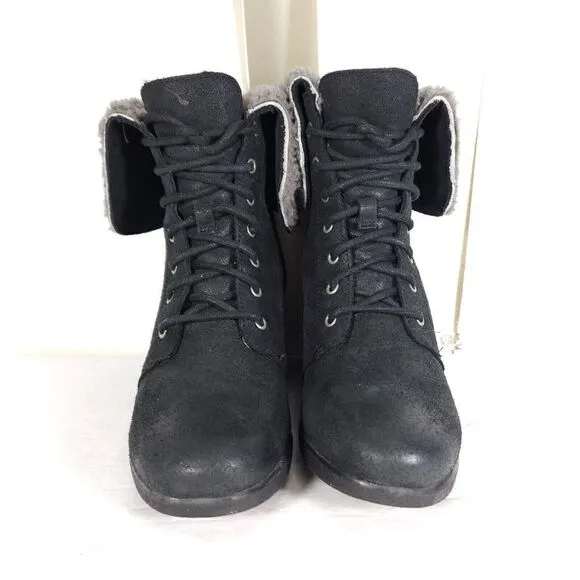 UGG Women's Zea US8 Black Leather Sheepskin Waterproof Wedge Shearling Boots
