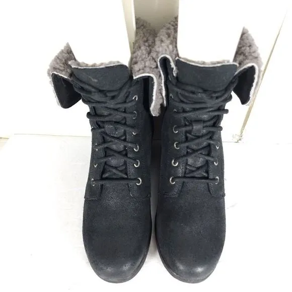 UGG Women's Zea US8 Black Leather Sheepskin Waterproof Wedge Shearling Boots