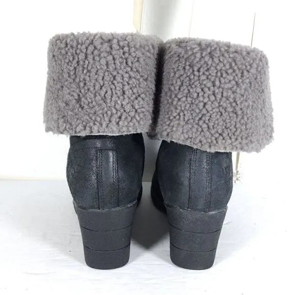 UGG Women's Zea US8 Black Leather Sheepskin Waterproof Wedge Shearling Boots
