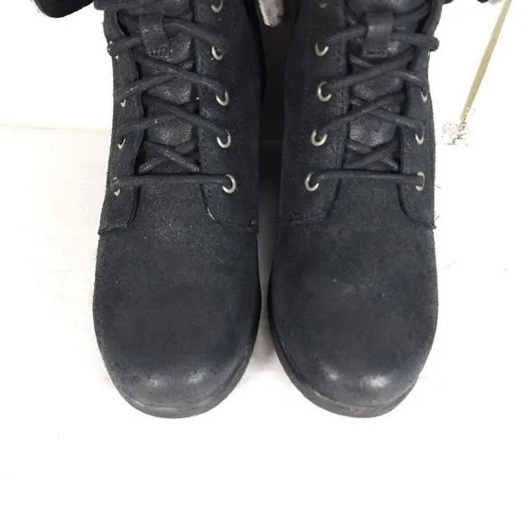 UGG Women's Zea US8 Black Leather Sheepskin Waterproof Wedge Shearling Boots