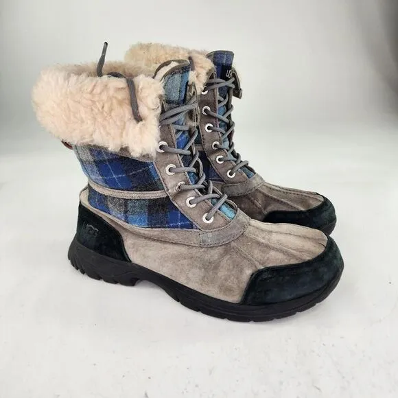 UGG Butte Tartan Blue Plaid Boots US 8 Men's Sheepskin Lined Vibram WTPF Boot
