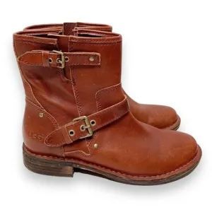 UGG Women's Fabrizia Short Moto Motorcycle Boot Size 7 Brown Leather Buckles Zip