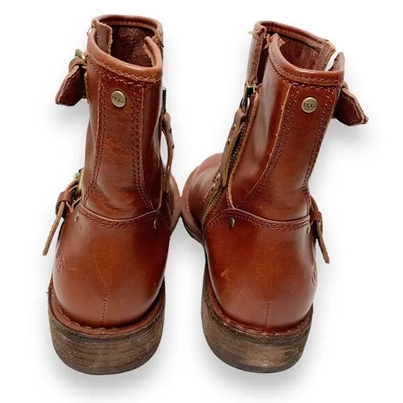 UGG Women's Fabrizia Short Moto Motorcycle Boot Size 7 Brown Leather Buckles Zip