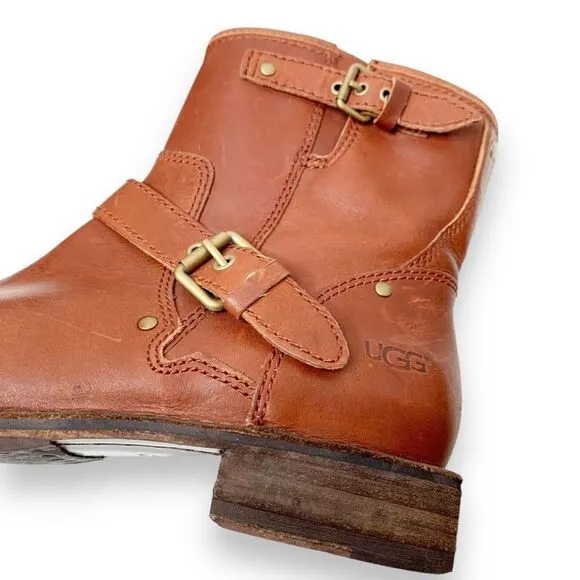 UGG Women's Fabrizia Short Moto Motorcycle Boot Size 7 Brown Leather Buckles Zip