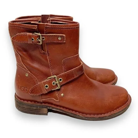 UGG Women's Fabrizia Short Moto Motorcycle Boot Size 7 Brown Leather Buckles Zip