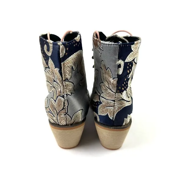 Unbranded Floral Embroidered Satin Ankle Boots 39 Lace Up Pointed Toe Bootie New