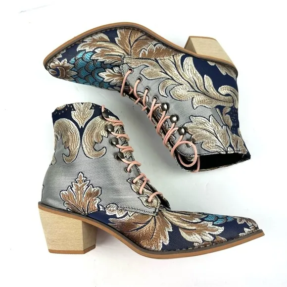 Unbranded Floral Embroidered Satin Ankle Boots 39 Lace Up Pointed Toe Bootie New