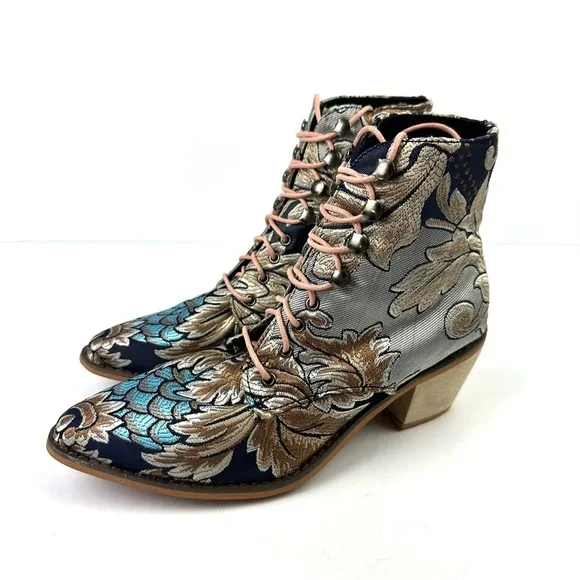 Unbranded Floral Embroidered Satin Ankle Boots 39 Lace Up Pointed Toe Bootie New