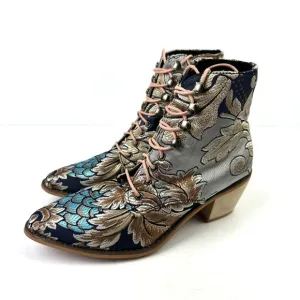 Unbranded Floral Embroidered Satin Ankle Boots 39 Lace Up Pointed Toe Bootie New
