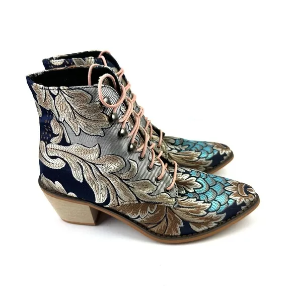 Unbranded Floral Embroidered Satin Ankle Boots 39 Lace Up Pointed Toe Bootie New