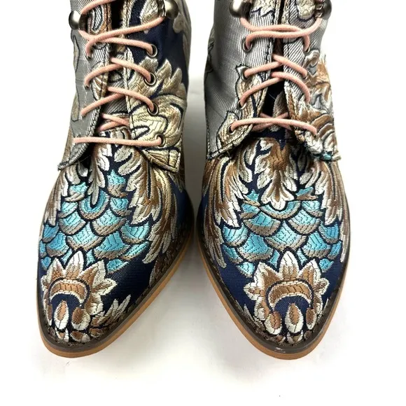 Unbranded Floral Embroidered Satin Ankle Boots 39 Lace Up Pointed Toe Bootie New