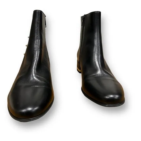 Vaneli Black Leather Ankle Boots with Gold Heel and Side Detail