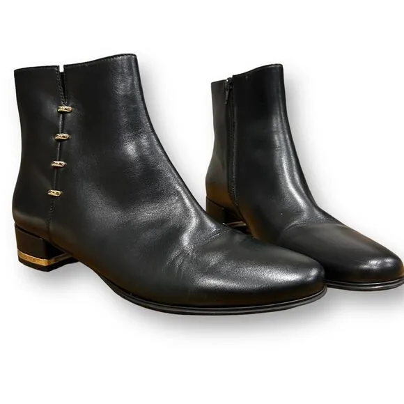 Vaneli Black Leather Ankle Boots with Gold Heel and Side Detail