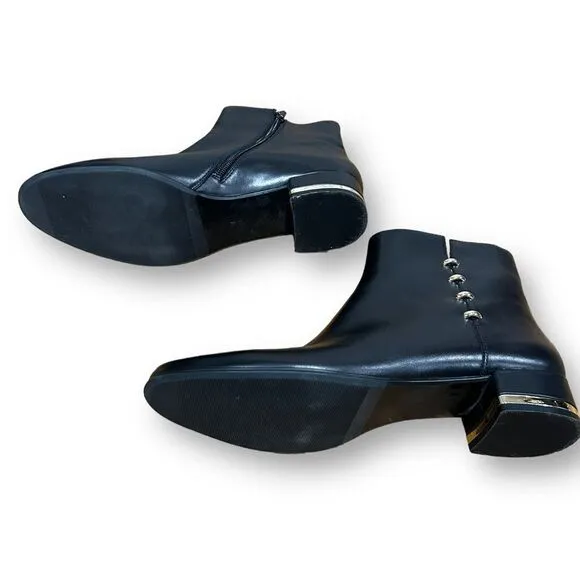 Vaneli Black Leather Ankle Boots with Gold Heel and Side Detail