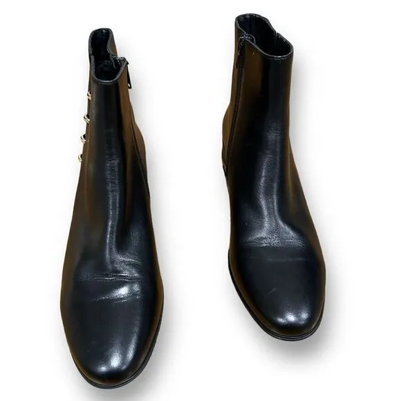 Vaneli Black Leather Ankle Boots with Gold Heel and Side Detail