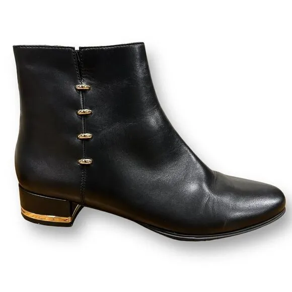 Vaneli Black Leather Ankle Boots with Gold Heel and Side Detail