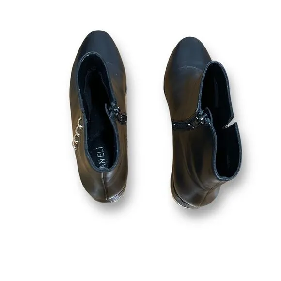 Vaneli Black Leather Ankle Boots with Gold Heel and Side Detail