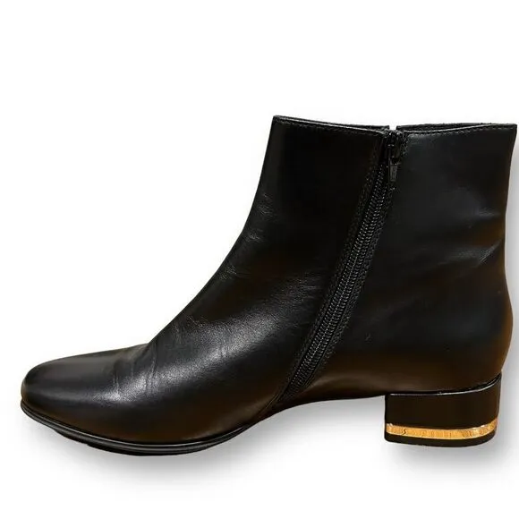 Vaneli Black Leather Ankle Boots with Gold Heel and Side Detail