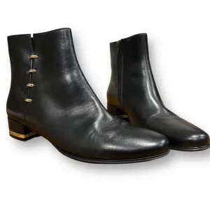 Vaneli Black Leather Ankle Boots with Gold Heel and Side Detail