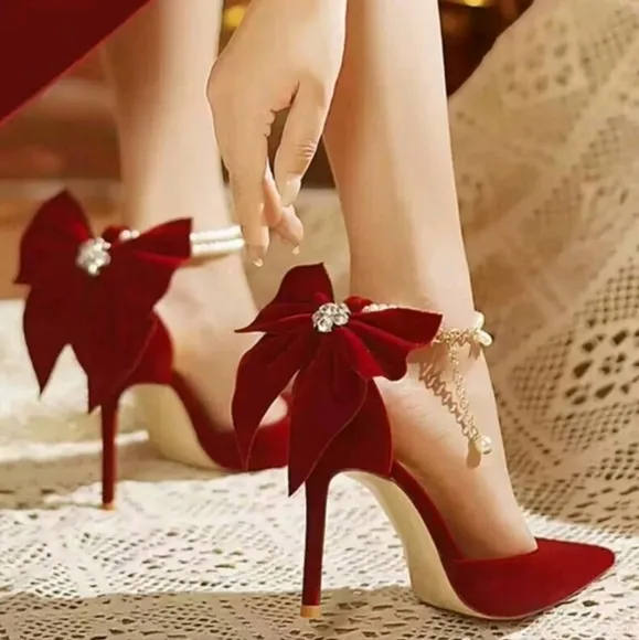 Velvet Red Shoes For Women, New Qipao/Cheongsam Dual-Wear Bow Pearl High Heel